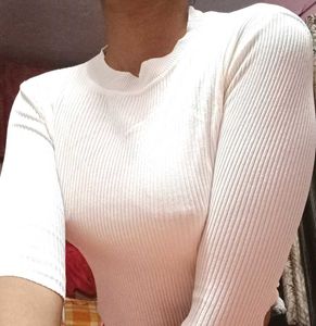 White Ribbed Long Sleeve Top