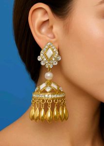 Gold Plated White Stone And Pearl Jhumka For Women