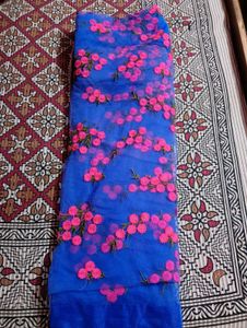 Blue Ready To Wear Net Saree With Padded Blouse