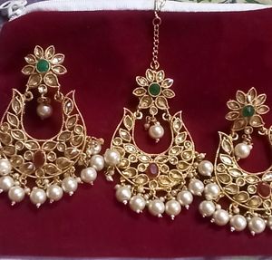💥🆕️ Kundan &amp; Pearl Chandbali And Maangtika Set