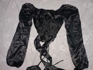 :Black Satin Puff Sleeve Tie-Back Crop Top