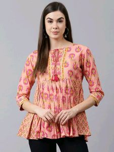 Zudio Floral Printed Tie Up Neck Pastel Top Ethnic