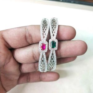 Pure Sterling Silver Pink&amp;Green CZ Bangles 1 Pair.
