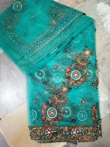Teal Embroidered Net Dupatta