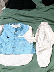 Traditional White Kurta Pajma With Sky Blue Jacket