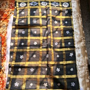 🖤 BLACK COTTON SILK SAREE WITH GOLDEN WORK 💛