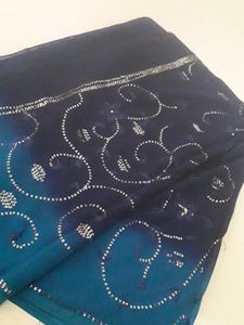 Saree Navy Blue+SkyBlue Sequence Work Floral Print