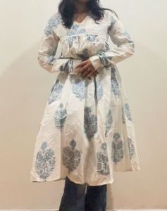 White Blue Print Full Sleeve Kurti