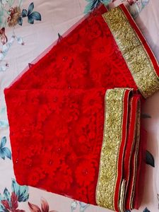 Red Embroidered Net Saree