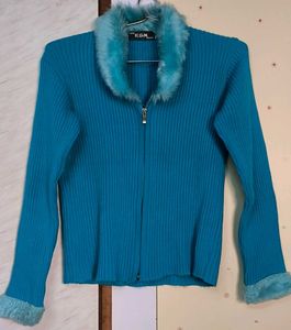 Blue Fur Trim Cardigan Jacket 🧥