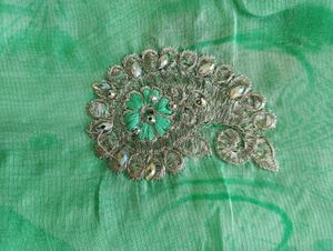 Sea Green Embellished Saree With Cut Work