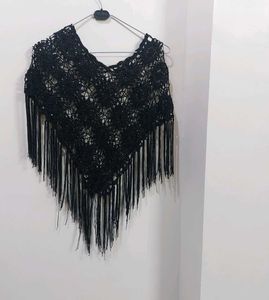 Black Crochet Fringe Poncho