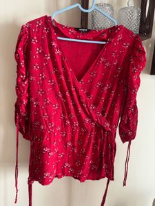Red Floral Wrap Top