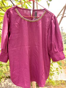 Dark Pink Top With Beaded Neckline