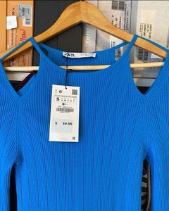 Zara Pointelle Blue Stretch Cold Shoulder Bodycon