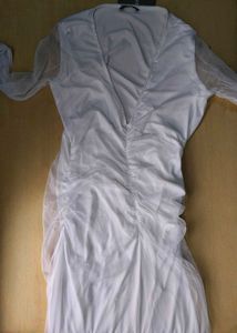 Deep V-Neck Front Ruched Mesh Sleeves A-Line Dress