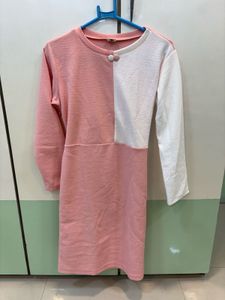 Pink Colorblock Long Sleeve Dress - With back belt