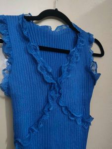 Blue Lace Trim Knit Top
