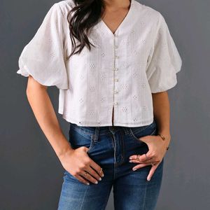 White Linen Puff Sleeve Top