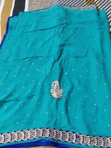 Teal &amp; Silver Embroidered Saree