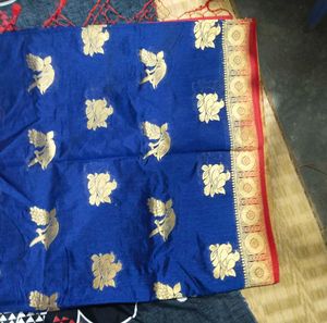 Blue &amp; Gold Bird Motif Saree