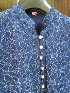 Printed Blue Kurta With Golden Plazoo