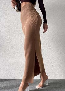 Ribbed High Waist Slit Bodycone Long Skirt