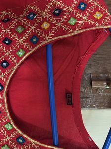 Red &amp; Blue Embroidered Kurti with Skirt