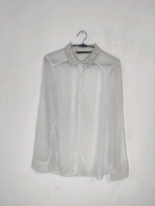 ZARA White Studded Collar Top