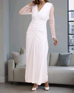 Deep V-Neck Front Ruched Mesh Sleeves A-Line Dress