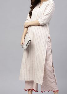 Beige Red Checked Kurta With Palazzos
