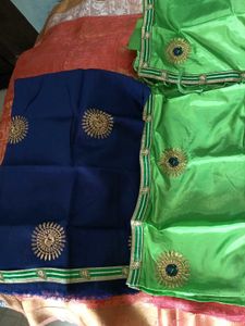 EmbroidarParrotGreen&amp;Blue LaceBorder PolySilk Sare