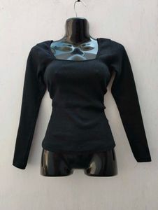 Black Ribbed Square Neck Top