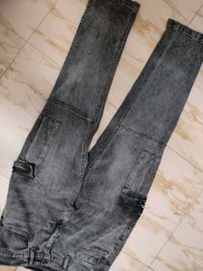 Gray Denim Cargo Pants
