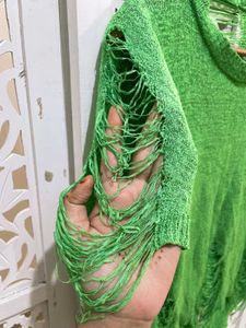 Trendy Green Distressed Knit Top B