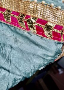 Embroidered Blue Bandani duppata with pink border
