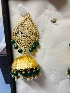 Indian Jhumka Earrings - Green &amp; Gold