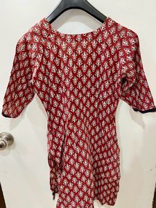 Red Color Cotton Straight 3/4 Sleeve Kurta