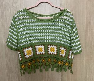 Green Crochet Boho Top with Sunflower Accents