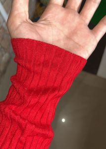 Red Ribbed Knit Top with Tie Back