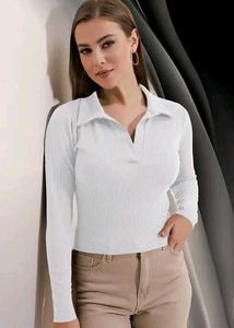 Brown Ribbed Polo Long Sleeve Top