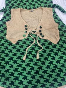Green Dress With Jute Shrug Set