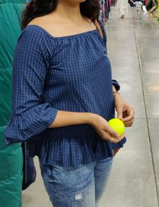Blue Check Off-shoulder Cotton Top
