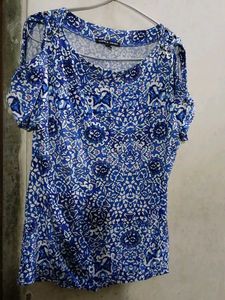 Blue Patterned Cold Shoulder Top