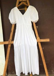 White Puff-sleeve Midi Dress.