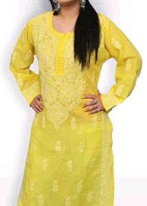 Lucknowi Work Kurti In Yellow Colour