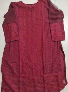 Maroon Chikankari Kurta With Net Sleeves