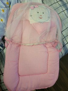 Pink Baby Mattress With Net And Pillow