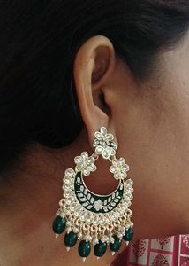 Emerald Green Kundan Chandbali Earrings