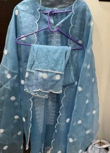 Elegant Blue Embroidered suit set organza dupatta